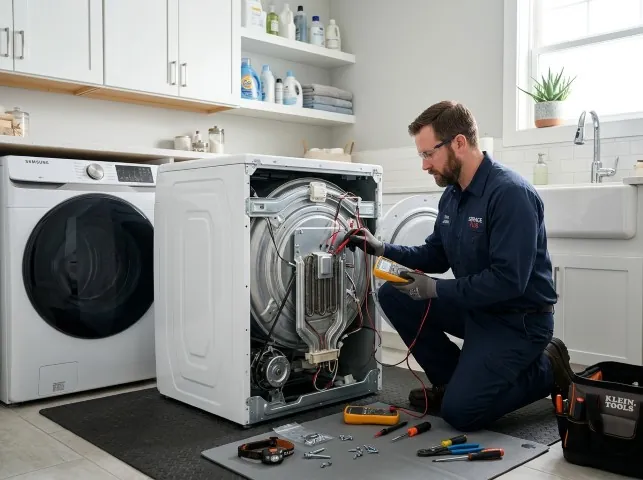 Appliance Repair Hero technician checking a dryer heating element with the rear panel off in Bagdad, FL