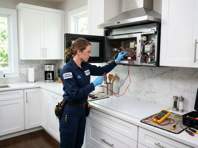 Appliance Repair Hero technician testing an over-the-range microwave in a Bagdad, FL kitchen